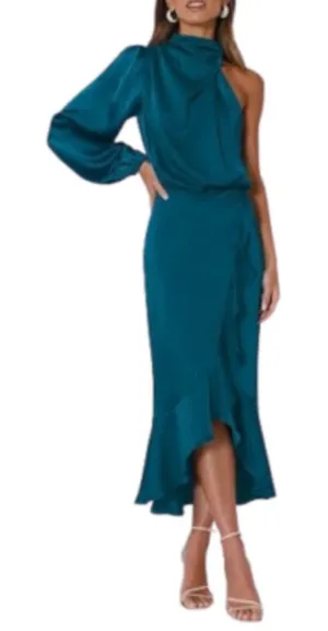 NEW Blue Satin Formal 1 Shoulder Stand Collar Wrap Dress Mermaid S thumbnail 2
