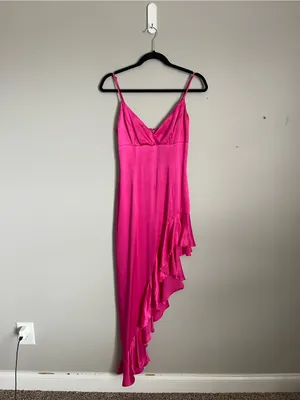 BARDOT Hot Pink Ember Satin Asymmetric Ruffle Midi Slip Dress Sz 4 thumbnail 2