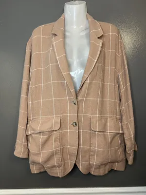Madewell Blazer Womens XL Tan Windowpane Linen Blend Patch Pockets 2 Button thumbnail 1
