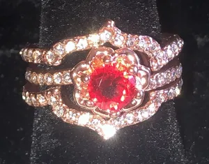 Elegant Rose Gold Tone Red Gemstone Ring Stack with Crystal Accents thumbnail 1