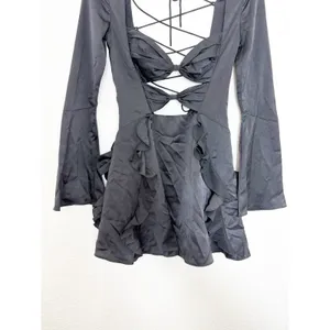 Oh Polly Adria Long Sleeve Bow Mini Dress Size 2 Black Satin Ruffle Lace Up Back thumbnail 11