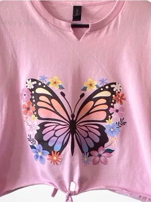 Handmade Butterfly Tie Front Back Pink Crop Tee L Adjustable thumbnail 8