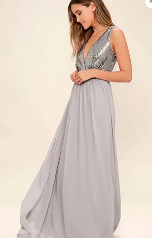 Lulus Elegant Encounter Pewter Sequin Maxi Dress Size Small thumbnail 1
