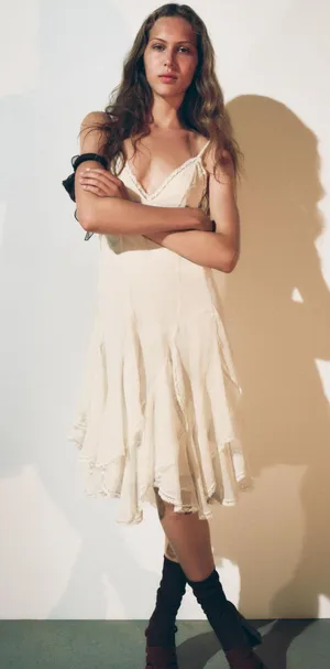 Zara dress sundress lace ivory cream flowy ruffle strapy boho summer vacation thumbnail 14