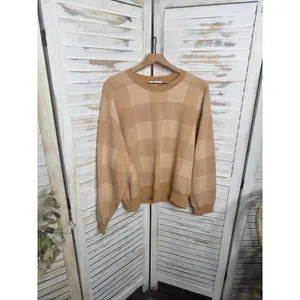 MADEWELL Women's XL Merinol Wool Windowpane Plaid Pullover Sweater Camel Tan thumbnail 9