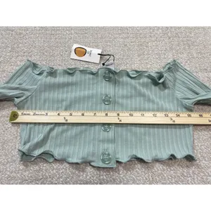 Ribbed Off-Shoulder Button Crop Top in Sage Green Size S Shell 91% Tencel thumbnail 7