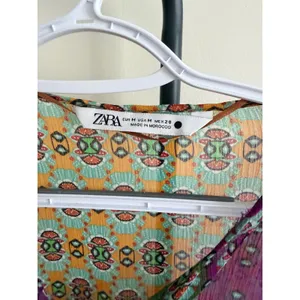 Zara Women Multi Color Patchwork Geometric Print Tie Front Beaded Blouse Medium thumbnail 3