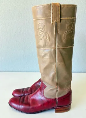 Justin Boots Tan Red Leather Western Cowgirl Knee High Pull On Womens Size 5.5 B thumbnail 1