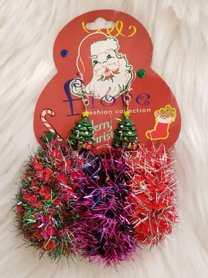 Bold Christmas tree statement piece earrings and tinsel scrunchie set. Green thumbnail 1