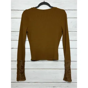 Free People Wear Me Out Brown Waffle Knit Ruched Mesh Sleeve Top Small thumbnail 3