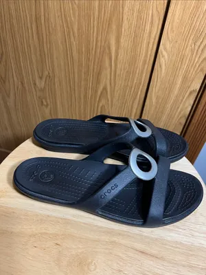 CROCS Black Slide Sandals with Large Silver Ring thumbnail 2