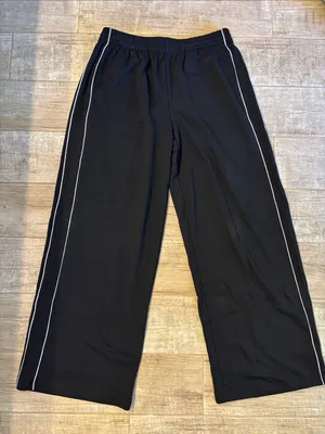 Black Wide Leg Track Pants with White Side Piping thumbnail 1