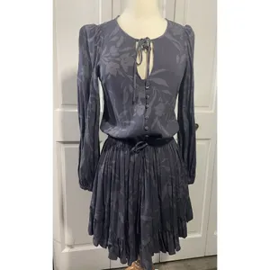 Sundry Floral Print Button Front Tie Waist‎ Long Sleeve Mini Dress Charcoal M thumbnail 3