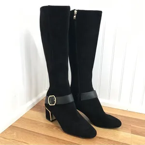 DKNY Caira Black Gold Vegan Suede Knee High Boot Buckle‎ Chunky Heel Size 6 New thumbnail 2