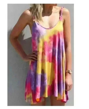 🆕Yellow Colorful Tie Dye Trendy U Neck Swing Mini Dress L🆕 thumbnail 1