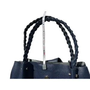 Navy Blue Triple Compartment‎ Tote Bag Classic Elegant Braided Handles Gold Logo thumbnail 12
