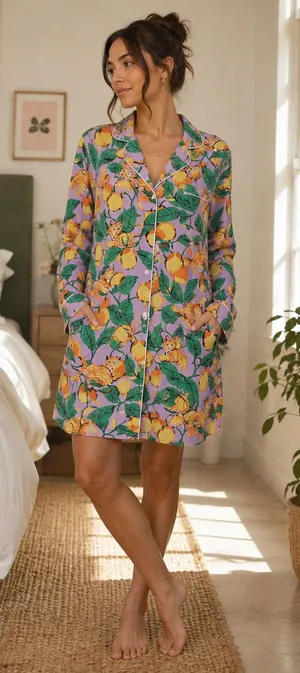 Printfresh Orange Cat & Fruit Purple Long Sleeve Pajama Rare Womens Dress 3XL thumbnail 1