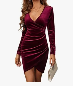 NEW Velvet Wrap V Neck L/S Ruched Cocktail Evening Party Dress L thumbnail 3