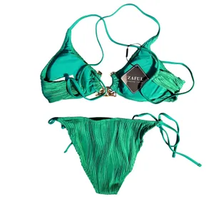NWT‎ ZAFUL Green Ribbed Metal O Ring High Cut Side Tie Thong Bikini Set Med thumbnail 6