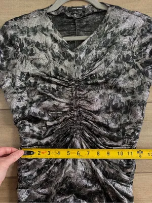 Isabel Marant Diego Floral Ruched Print Stretch Silk Blend Silver Black Top 36 thumbnail 9