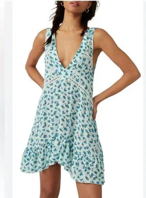 Free People LET IT HAPPEN PLUNGE NECK MINIDRESS IN MINT COMBO thumbnail 1