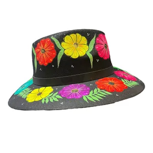 HAT MEXICAN Artisanal Hand Painted Fedora Floral Sombrero Panama Bohemian Black thumbnail 6