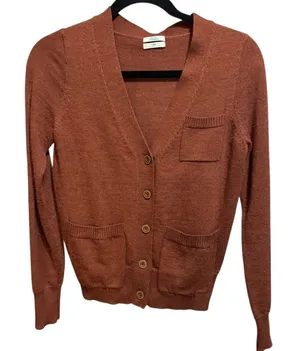 100% Merino‎ Wool Cardigan Sweater Brown Button Front Pocket Classic Sz XS thumbnail 1