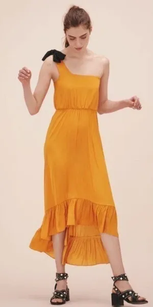 Maje Rasti One-Shoulder Dress Long High-Lo Satin Yellow Size 1 US‎ Small thumbnail 1