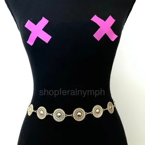 Gold Y2K Textured Round Medallion Boho Chain Belt, Fits 25-44.5 Inches, X7GA1247 thumbnail 6