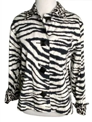 Painted Pony Black White Zebra Print Leopard Cuffs Button Up Stylish Jacket S thumbnail 1