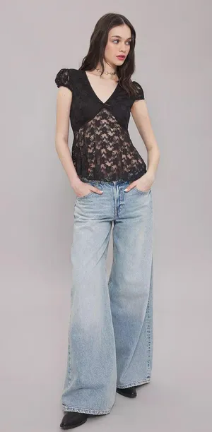 NWT Black Lace see through Cap Sleeve Babydoll high low Top size M thumbnail 1