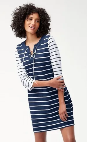 NWT!! TOMMY BAHAMA Floricita Stripe Shift Dress Navy Blue‎ White Stripe X-Small thumbnail 1