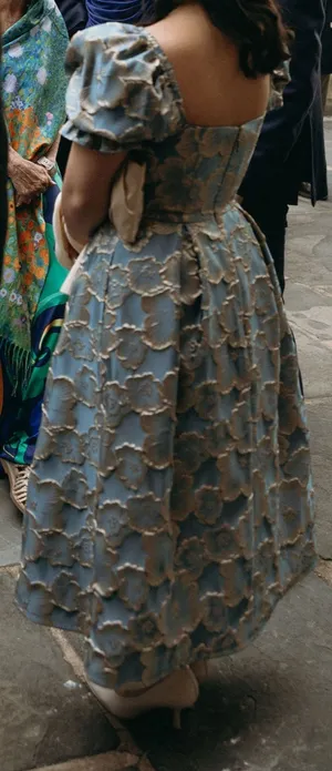 Azazie Blue and Gold Floral Puff Sleeve Dress WITH POCKETS thumbnail 3