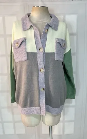Pink Lily Multicolor Collared Button Down Colorblock Cardigan Sweater Sz Small thumbnail 1