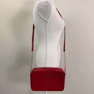 Michael Kors Jet Set East West Crossbody Bag Red Saffiano Leather Gold Hardware thumbnail 3