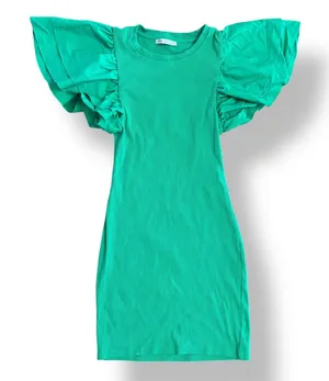 Zara Green Ribbed Ruffle Sleeve Bodycon Mini Dress Size M Preppy‎ Spring thumbnail 1