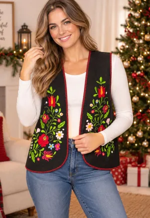 Vintage Women's Size Large Black Felt Vest Floral Embroidered Folk Art Boho thumbnail 1