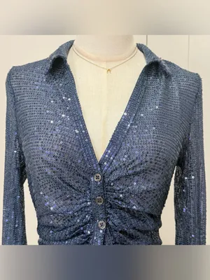 Free People Sequin Shirtee Small Varsity Navy Button Up Party Statement Holiday thumbnail 9