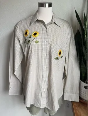 Vintage sunflower blouse Gingham Embroidered Cottagecore Button Down‎ M Yellow Size M thumbnail 1