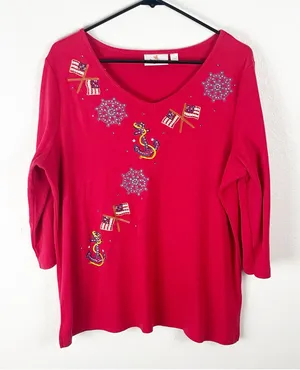 QUACKER FACTORY Red Long Sleeves Embellished Beaded Patriotic Top, Size Large thumbnail 1
