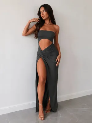 Charcoal Gray Bandeau Cutout Side-Slit Maxi Dress NWT thumbnail 2