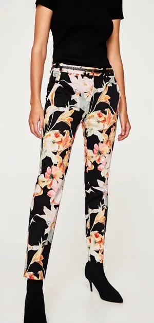 Zara Basic Floral Lily Print Trousers Black Orange Slim Ankle Pants Womens 8 thumbnail 1