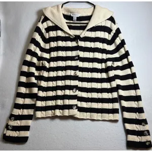 Modern Supply by Sanctuary Striped Cable Knit Sailor Collar Cardigan Black L thumbnail 1