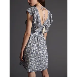 Anthropologie V-neck Plunge Tunic Mini Dress Blue Floral Crochet Tassel Large‎ thumbnail 2