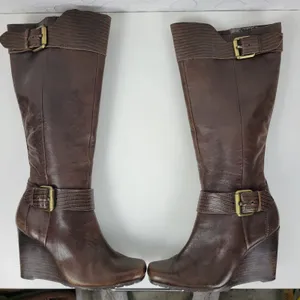 a.n.a. A New Approach Womens Boots 7 Brown Leather Knee High Wedges Heels Buckle thumbnail 2