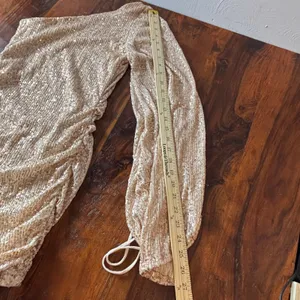 Champagne Gold Sequin One Shoulder Mini Dress Ruched‎ Balloon Sleeve Small thumbnail 8