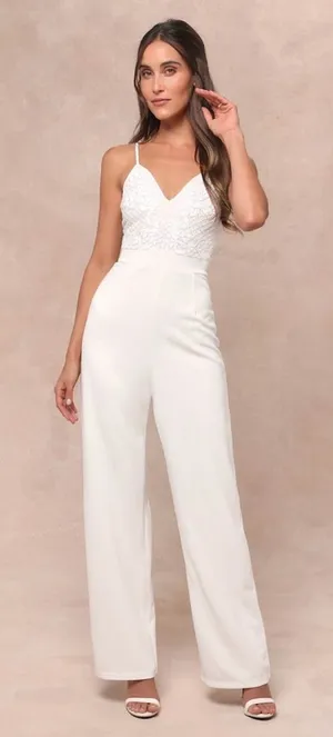LULU’S Memorable Occasion White Beaded Sequin Wide-Leg Jumpsuit thumbnail 1