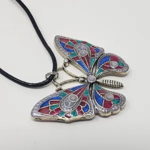 Butterfly Pendant w/ Pink, Blue, Teal Green & Silvery White Resin Necklace thumbnail 5