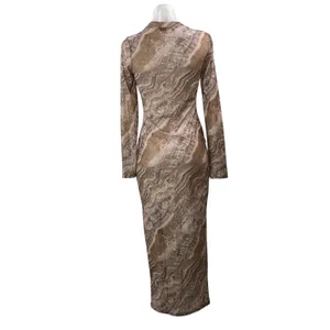 Jluxlabel Women's Beige Printed Long Sleeve Mock Neck T Shirt Maxi Dress Size M thumbnail 3