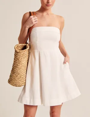 Abercrombie strapless linen mini dress lined fit & flare white bride graduation thumbnail 1
